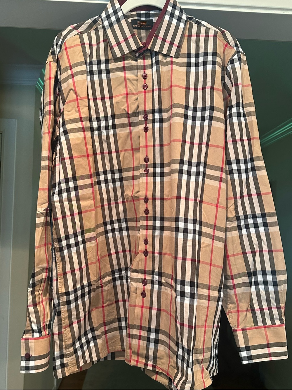 Steven Land Men’s Plaid Button-Down Shirt Sz 16 1/2 (34/35) Tan Black Red